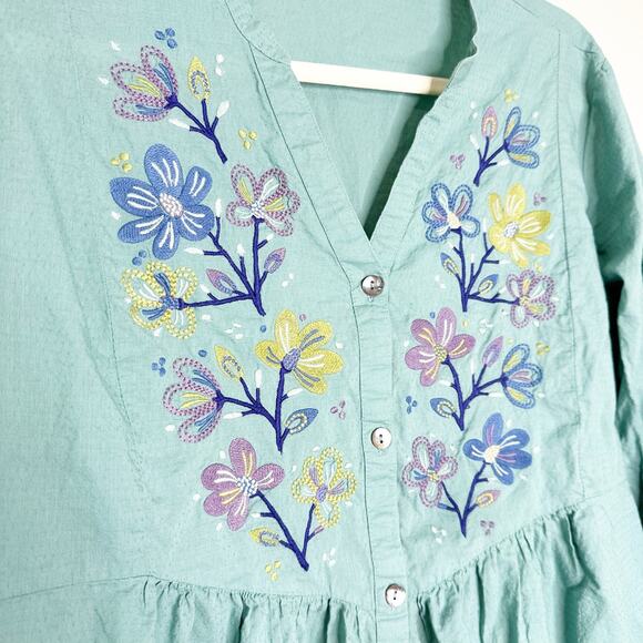 Grundun Sjoden Womens Blouse Tunic Flower Embroidered Button-Up V-Neck Green L - Picture 3 of 8